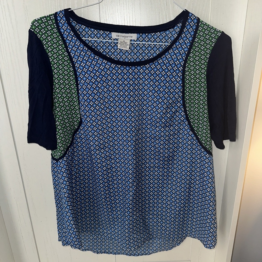 LIZ CLAIBORNE Womens Blue Green Color Block Geometric Short Sleeve Top Size M